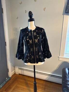 INC International Concepts Black Lace Peplum Zip-Up Jacket with Faux Leather Tri